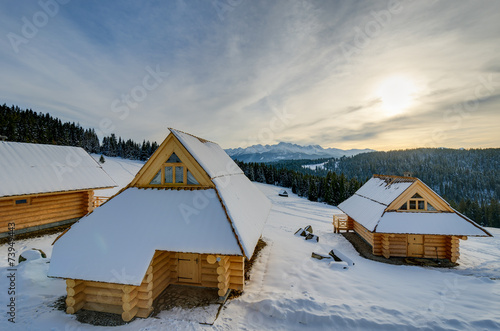 Houses in winter landscape, Bukowina Tatrzanska, Tatra Mountains