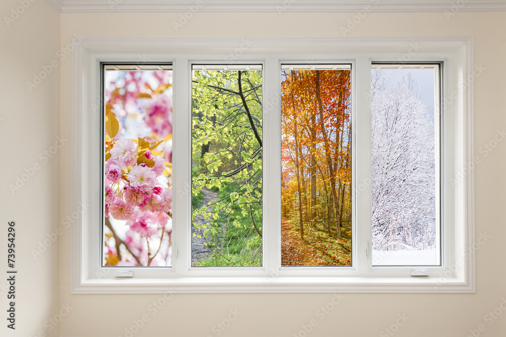 Obraz premium Widok okna z czterech pór roku