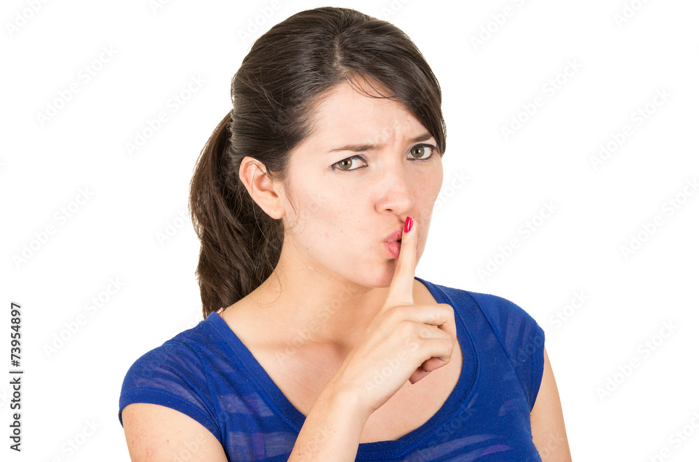 beautiful young woman gesturing silence shhh with finger on beautiful young woman gesturing silence shhh with finger on