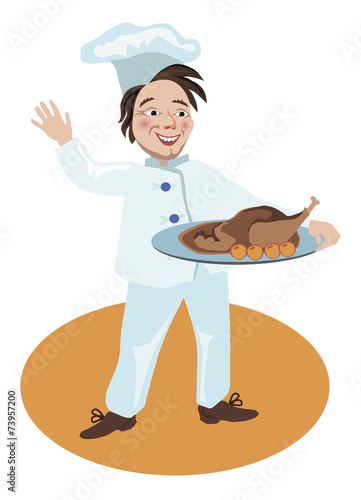 Chef holding meal cooked goose with apples