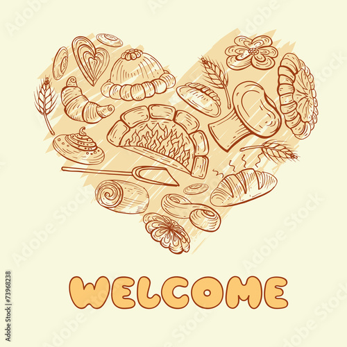 Vector stylized heart with symbols of bakery