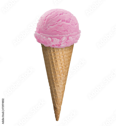 strawberry ice cream scoop in a waffle cone with clipping path.