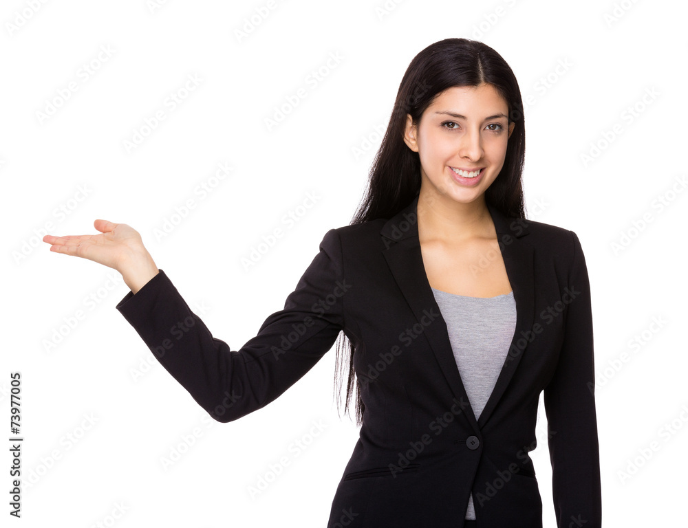 Businesswoman with open hand palm Businesswoman with open hand palm
