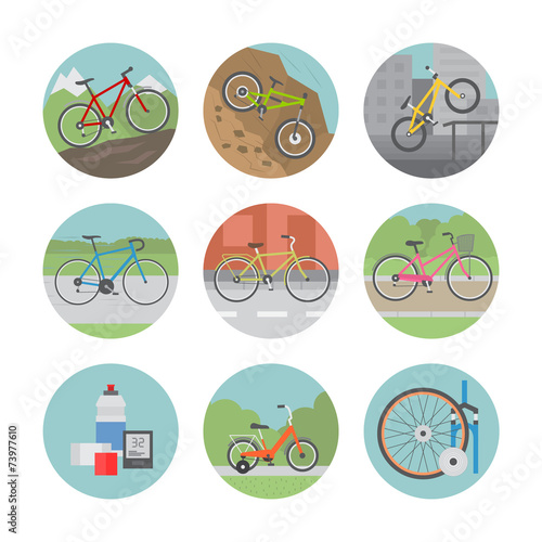 Icon set of different bicycles in flat design style