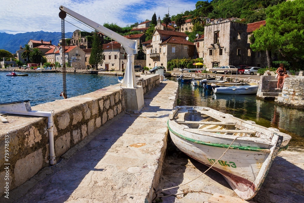 Fototapeta premium boats on the Mediterranean coast near the town of Perast, Monten