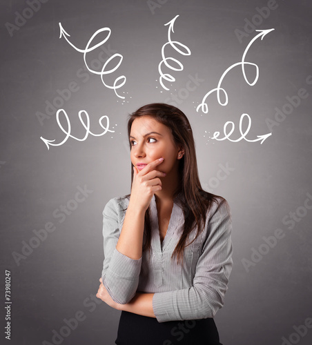 Young woman thinking with arrows overhead