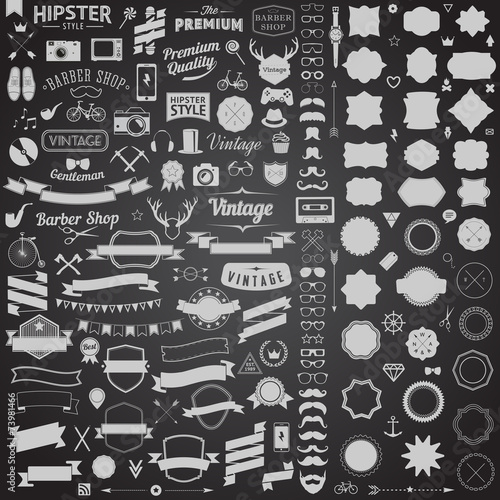 set of vintage styled design hipster icons. Vector signs symbols templates bicycle, phone, gadgets, sunglasses, mustache, anchor, ribbons 