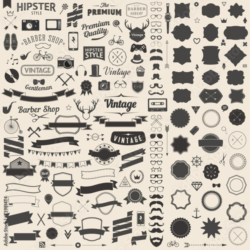 Huge set of vintage styled design hipster icons Vector signs and symbols templates for your design Largest set of phone, gadgets, sunglasses, mustache, ribbons infographcs element and other thing
