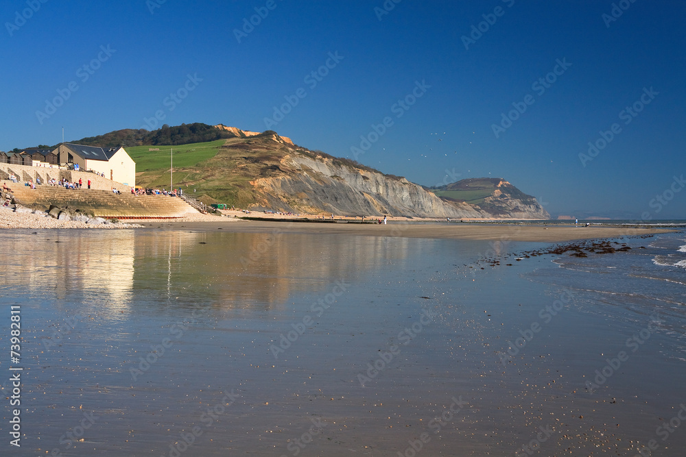 Cliffs reflecting on a wet sand on Charmouth beach, Dorset, UK.