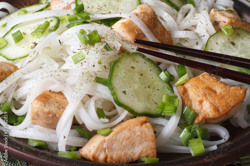 Asian rice noodles with chicken and cucumbers macro