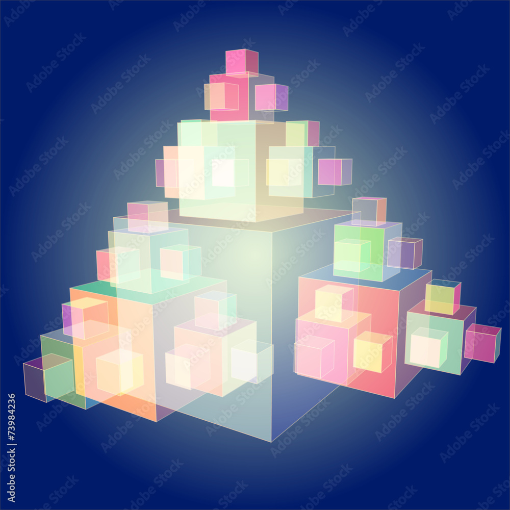 Obraz premium Fractal cubes on a blue background. Raster.