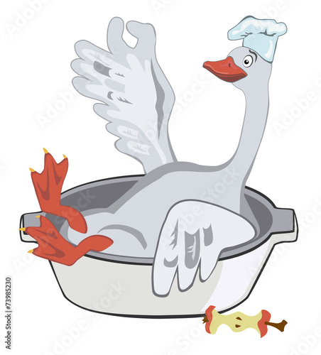 Happy Christmas goose in a chef's hat with an apple