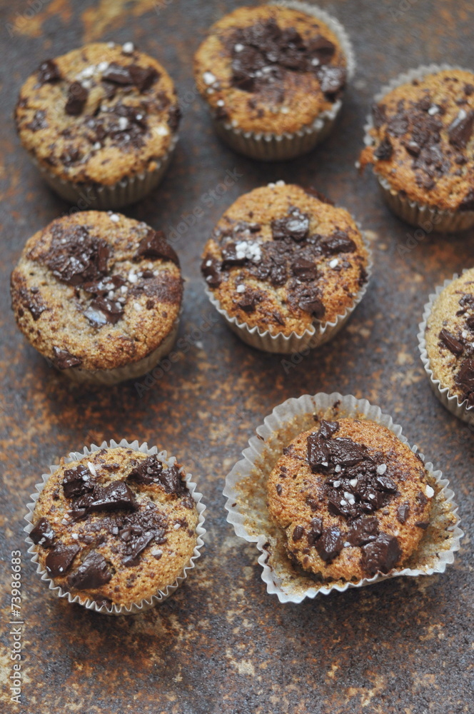Chocolate muffins with buckwheat flour, selective focus