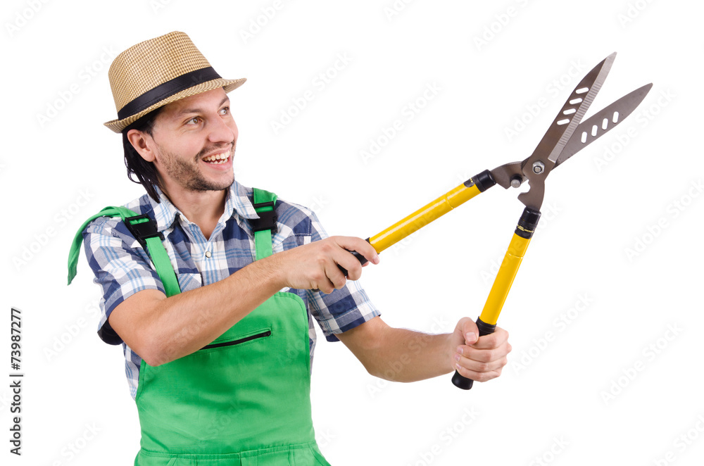 Funny gardener with shears isolated on white Funny gardener with shears isolated on white