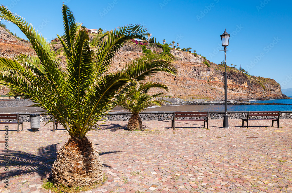 Seaside promenade with beach in San Sebastian, La Gomera island