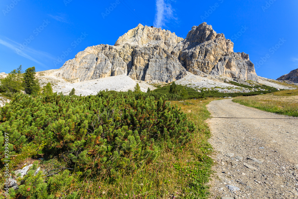 Trail near Falzarego Pass in the Dolomites Mountains, Italy