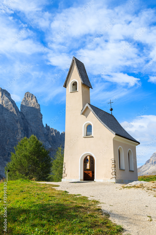 White church near Passo Gardena, Dolomites Mountains, Italy