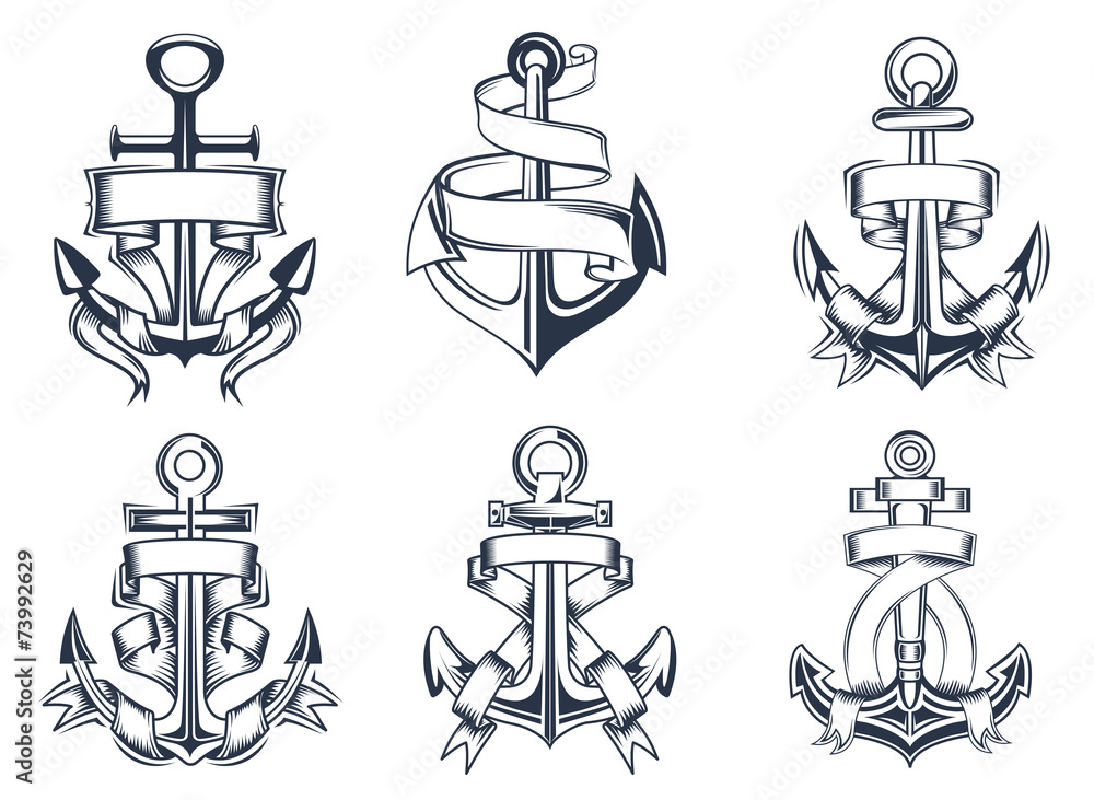 Fototapeta premium Marine themed ships anchor icons with ribbons