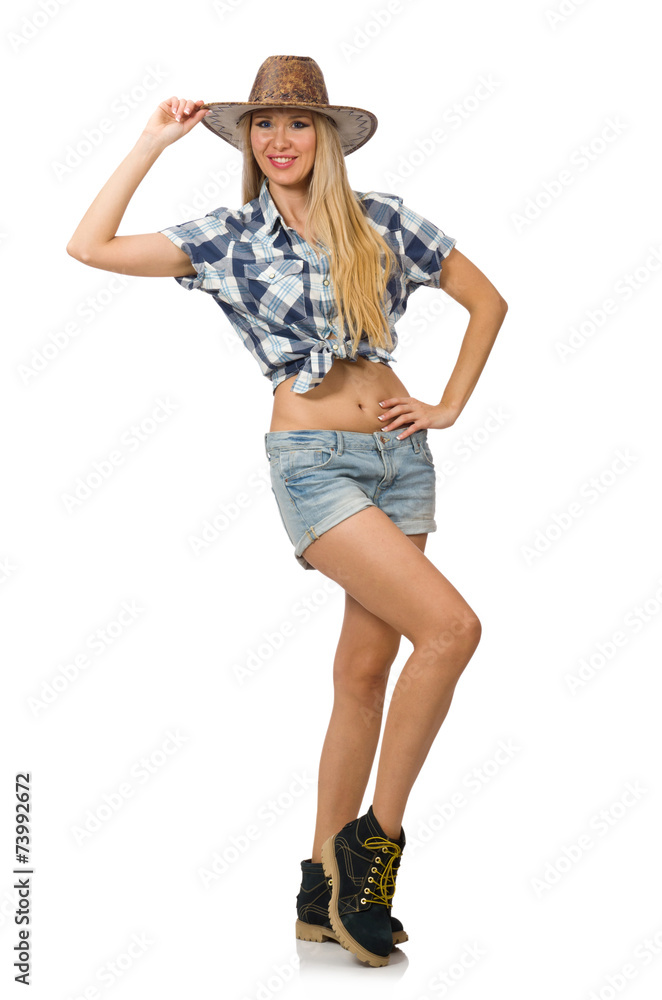 Woman wearing cowboy hat isolated on white Woman wearing cowboy hat isolated on white