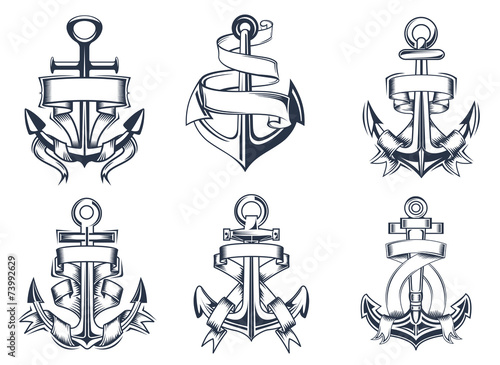 Marine themed ships anchor icons with ribbons