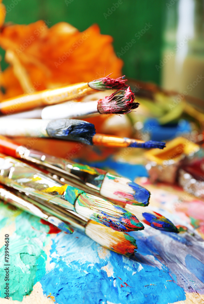 Fototapeta premium Beautiful still life with professional art materials, close up