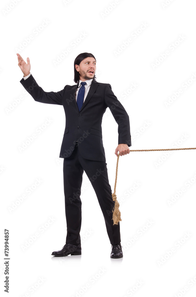 Young businessman pulling rope isolated on white Young businessman pulling rope isolated on white