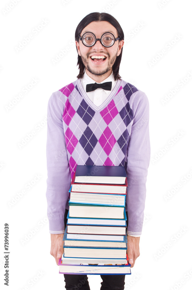 Funny student with books isolated on white