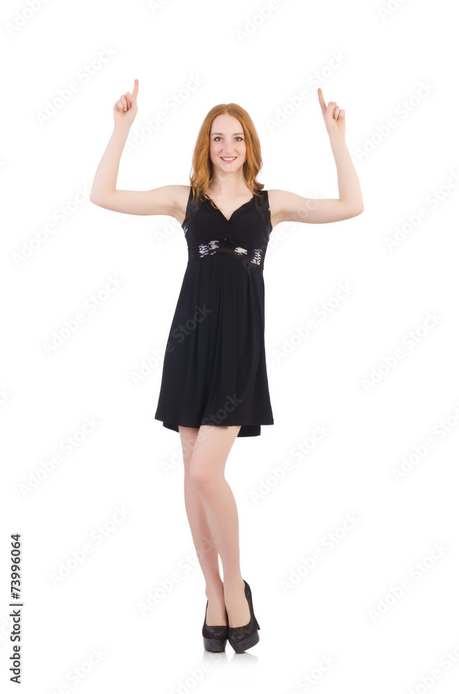 Woman pressing virtual button isolated on white Woman pressing virtual button isolated on white