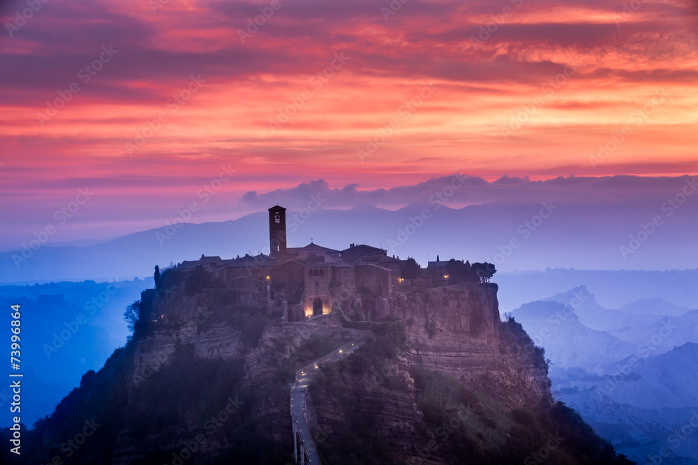 View of the old town of Bagnoregio at dusk View of the old town of Bagnoregio at dusk