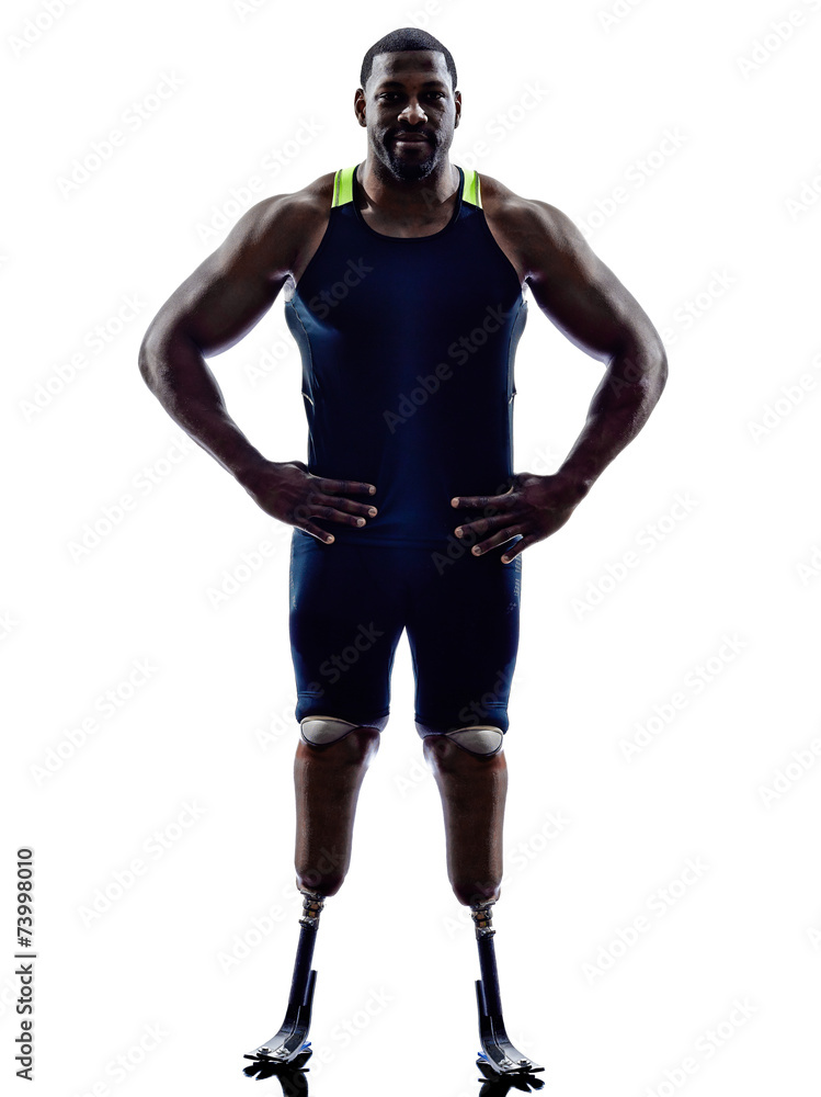handicapped man runners sprinters standing legs prosthesis silho
