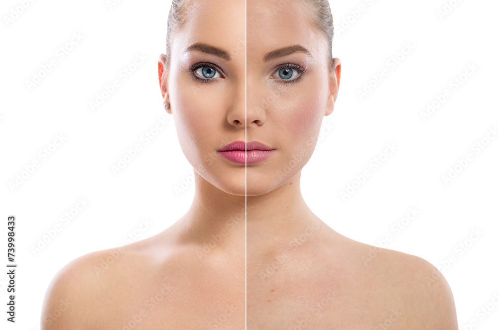 woman's portrait isolated on white, before and after retouch StockFoto