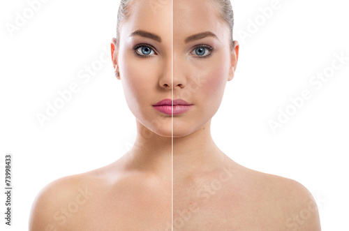woman's portrait isolated on white, before and after retouch