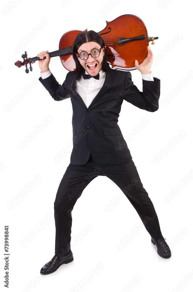 Obraz premium Funny man with music instrument on white