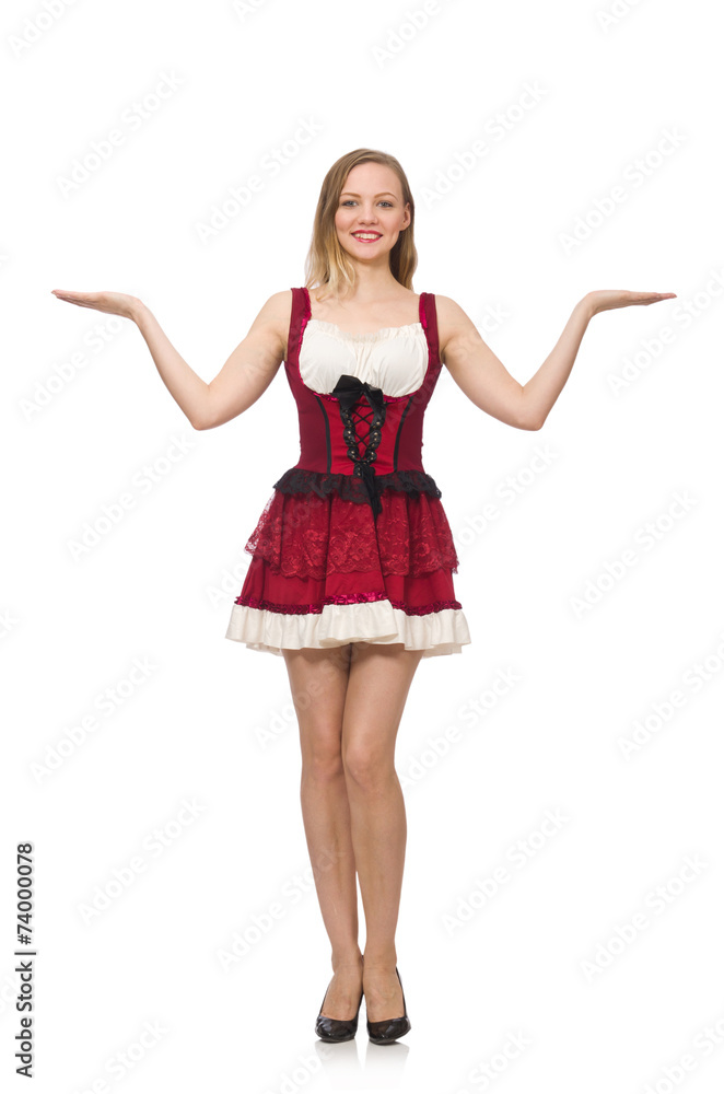 Woman wearing red dress in fashion concept isolated on white Woman wearing red dress in fashion concept isolated on white
