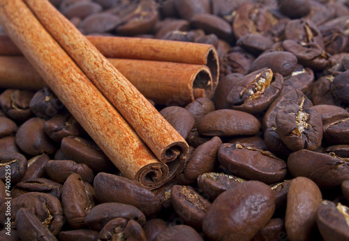 Coffee beans and cinnamon sticks photo