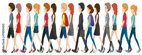 A group of faceless people walking in line