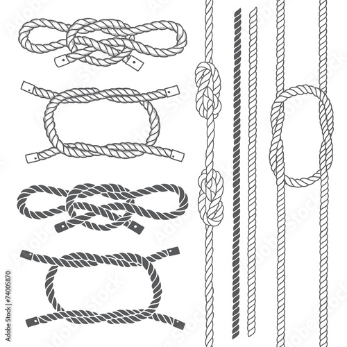 Set of marine rope, knots. Vector elements on a white background