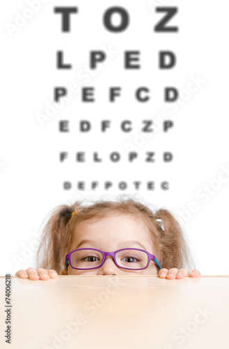 Photography Funny girl in eyeglasses with eye chart
