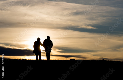 Canvastavla silhouette of elderly couple walking on hill