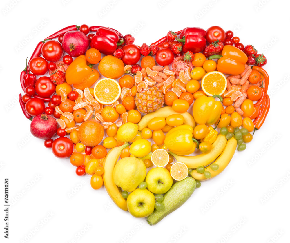 Rainbow heart of fruits and vegetables - obrazy, fototapety, plakaty 