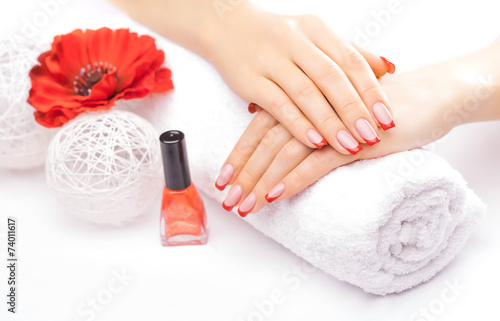 french manicure with red poppy flower