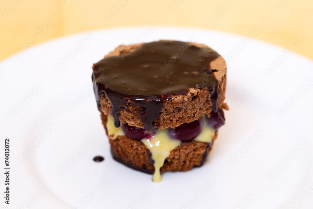 Chocolate cake on white plate Chocolate cake on white plate