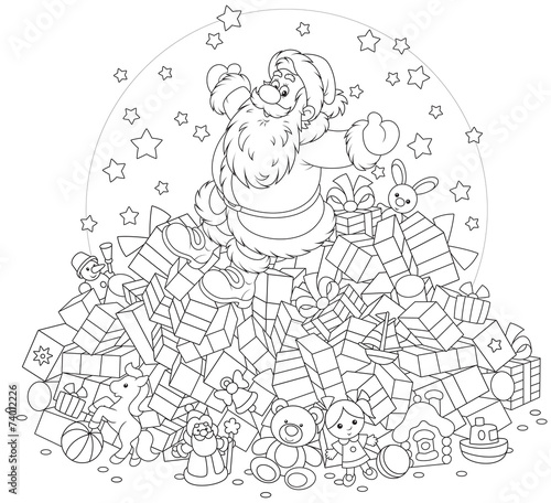 Santa Claus on a big pile of Christmas gifts