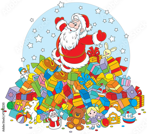 Santa Claus on a big pile of Christmas gifts