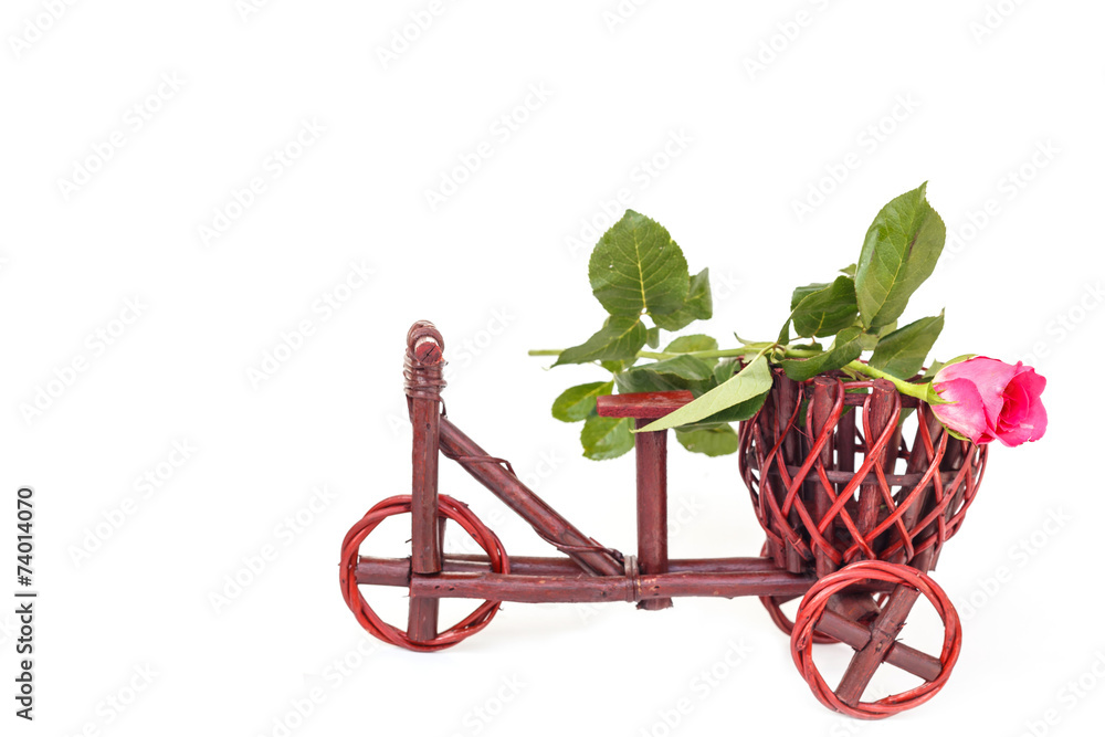 Flower in wooden handmade basket isolated on white background