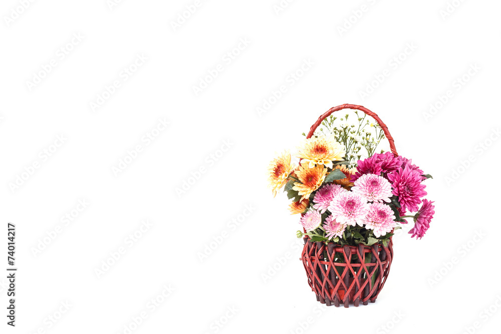 Obraz premium Flower in wooden handmade basket isolated on white background