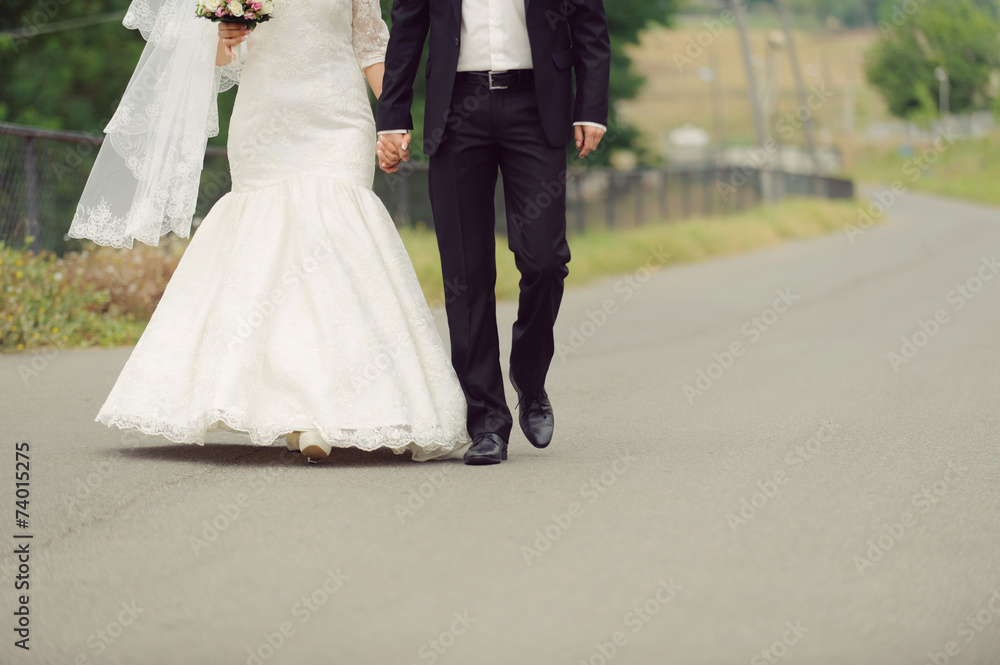 Newlyweds Walking in Park