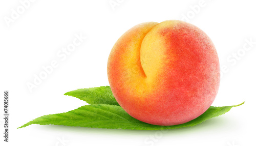 Isolated peach. One peach on leaves over white background, with clipping path