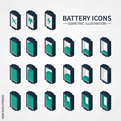 Battery web icons, symbol, sign and design elements in isometric