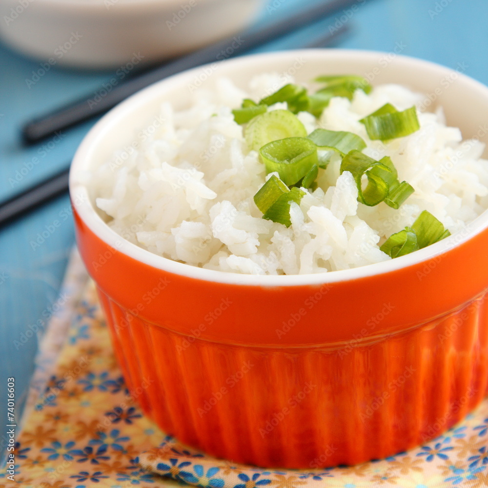 Bowl of cooked rice with green onion Bowl of cooked rice with green onion
